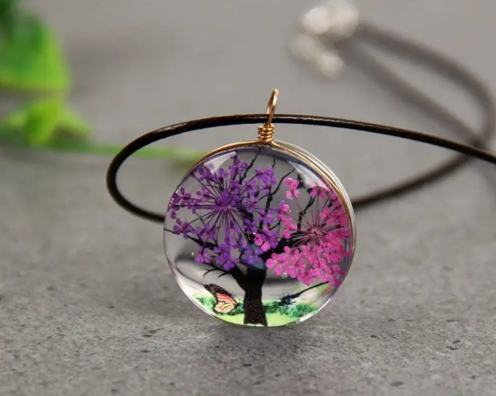 Collier Pivoine Arbre violet/rose rond