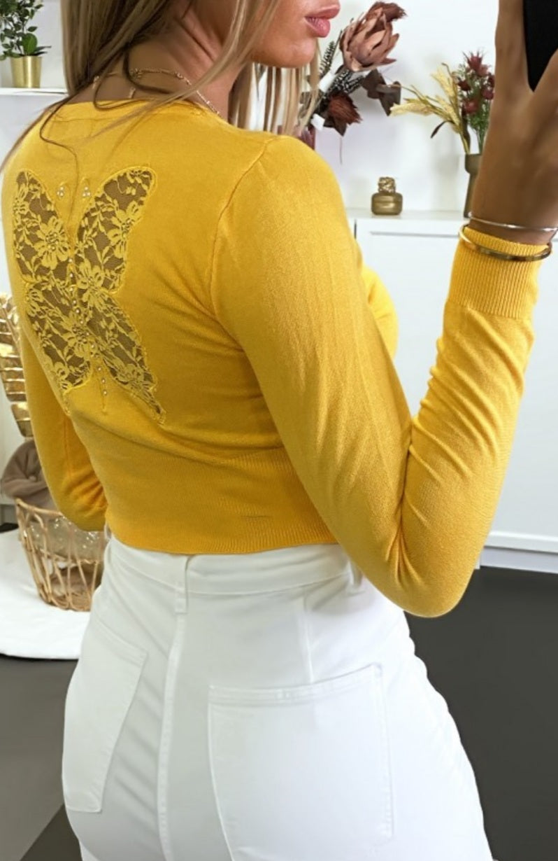 💐Gilet mutarde dentelle papillon