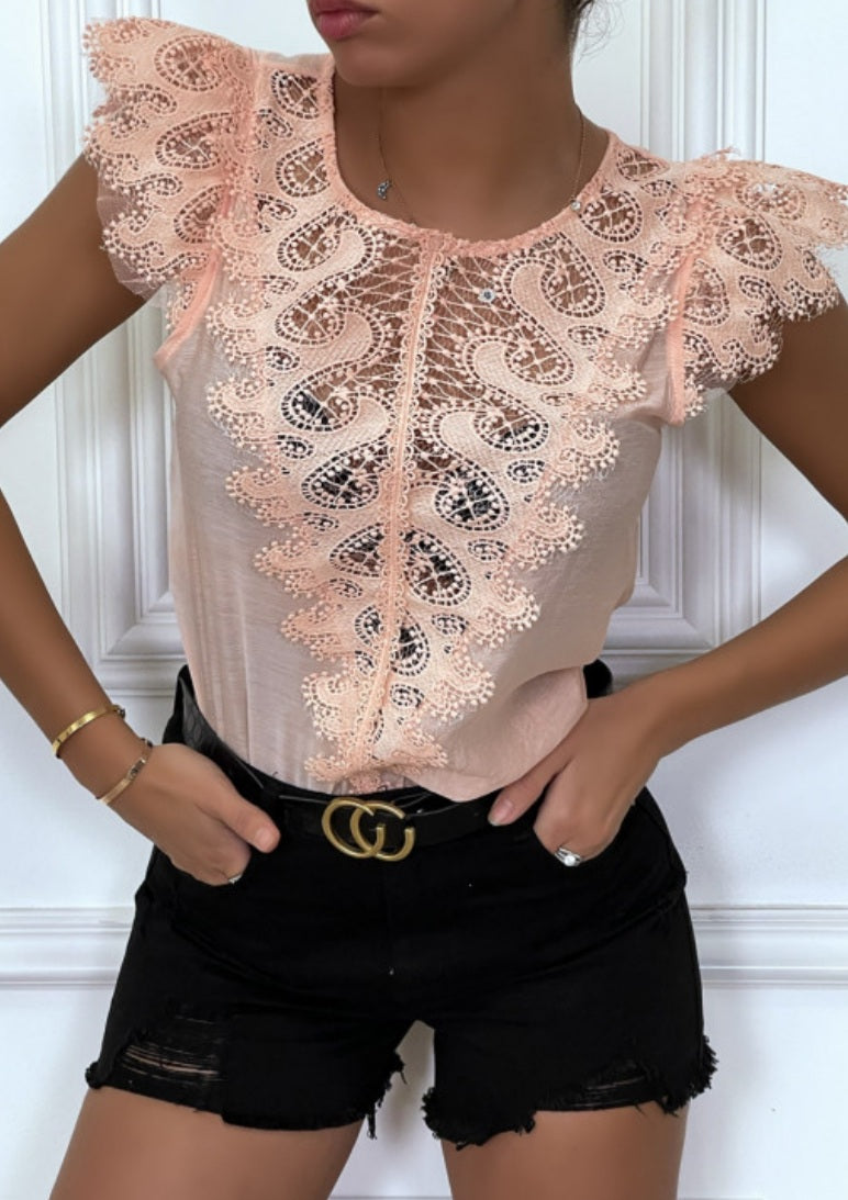 🌺Top rose avec dentelle devant