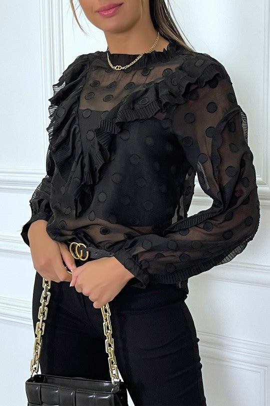 ⚘Blouse noire à volant et pois