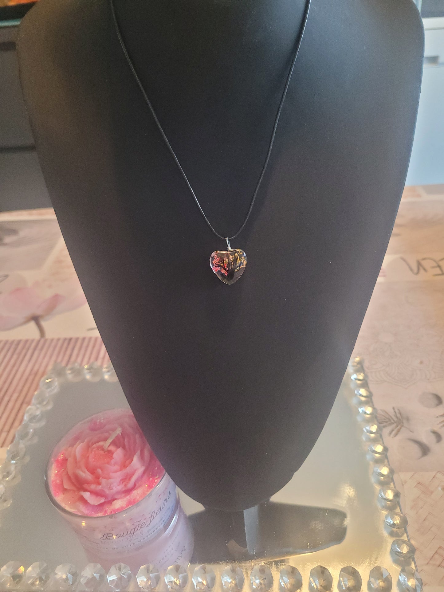 Collier coeur verre fleur rouge/jaune