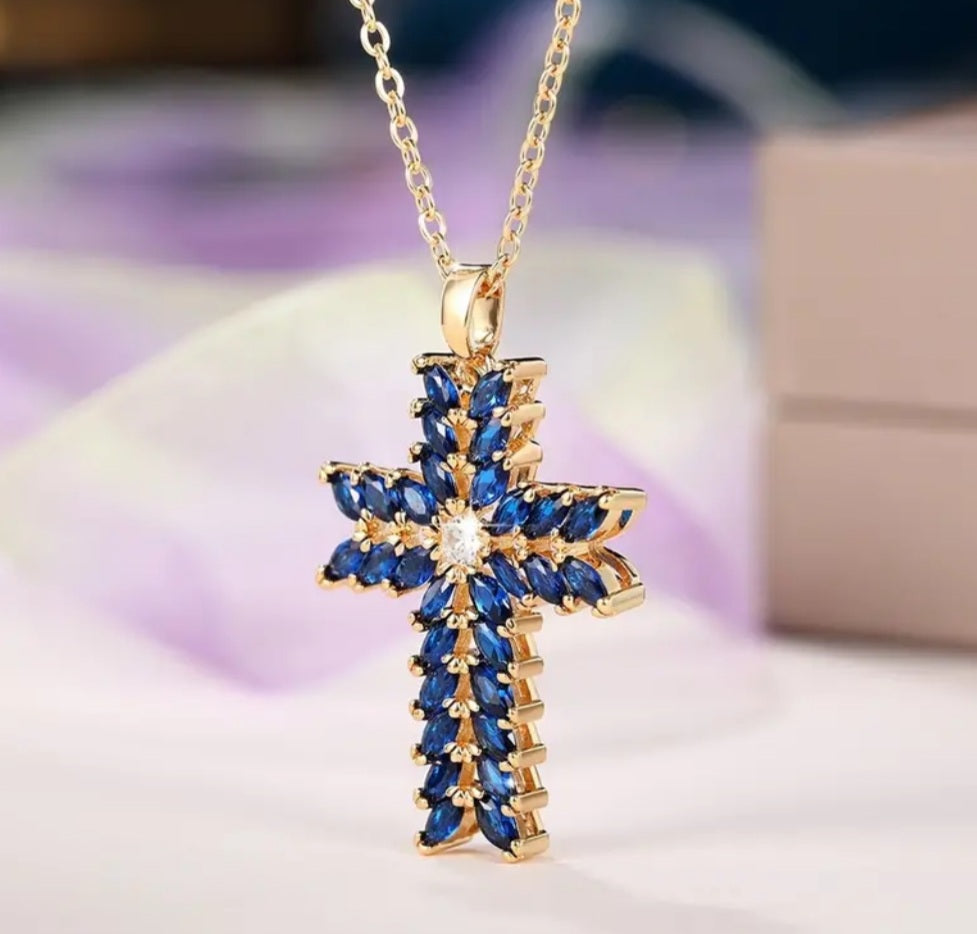 Collier croix doré/bleu