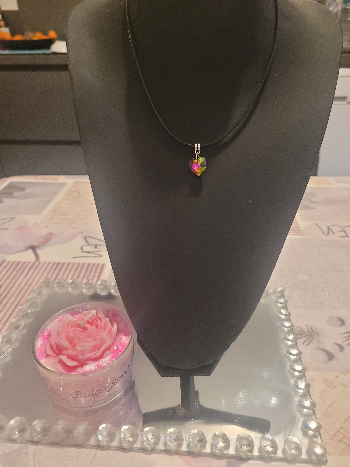 Collier coeur strass vert/rosé