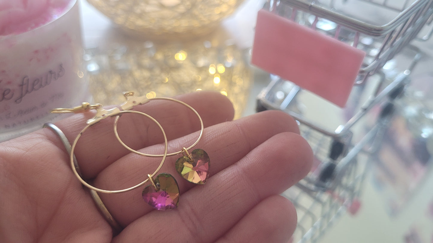 boucles créole coeur rose/vert