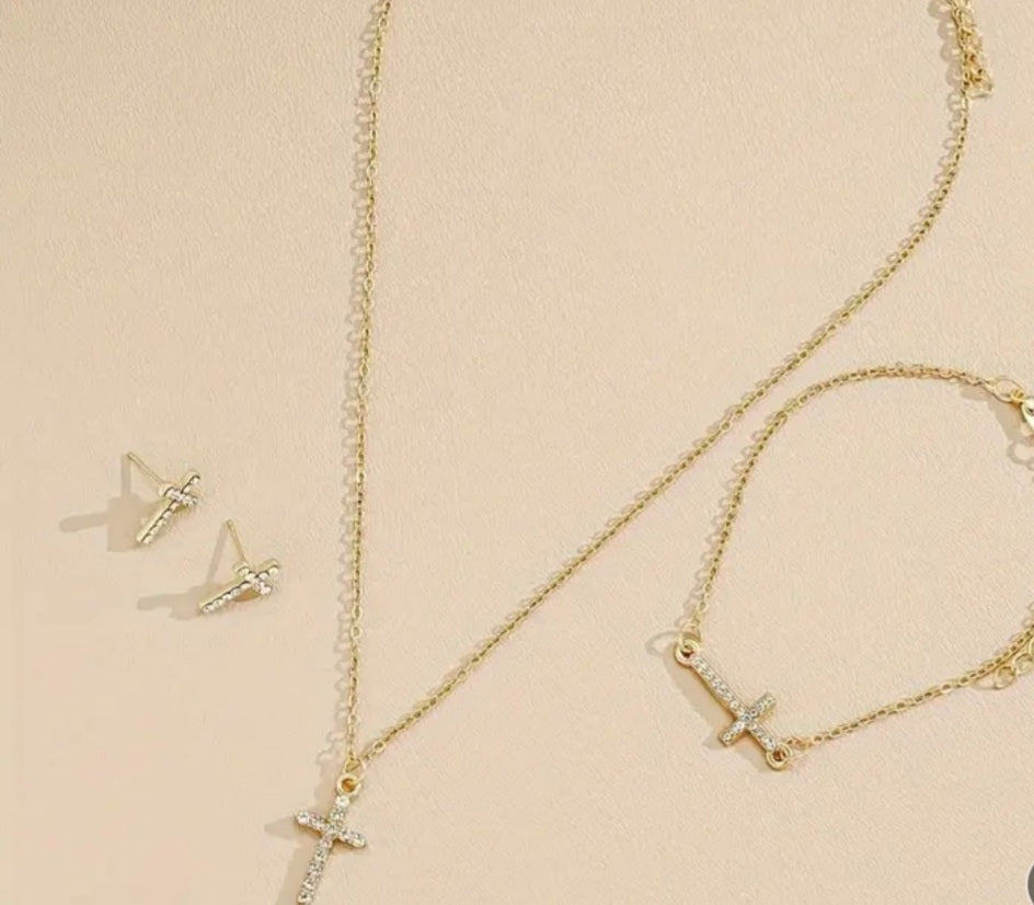 Ensemble 4 bijoux Croix strass doré