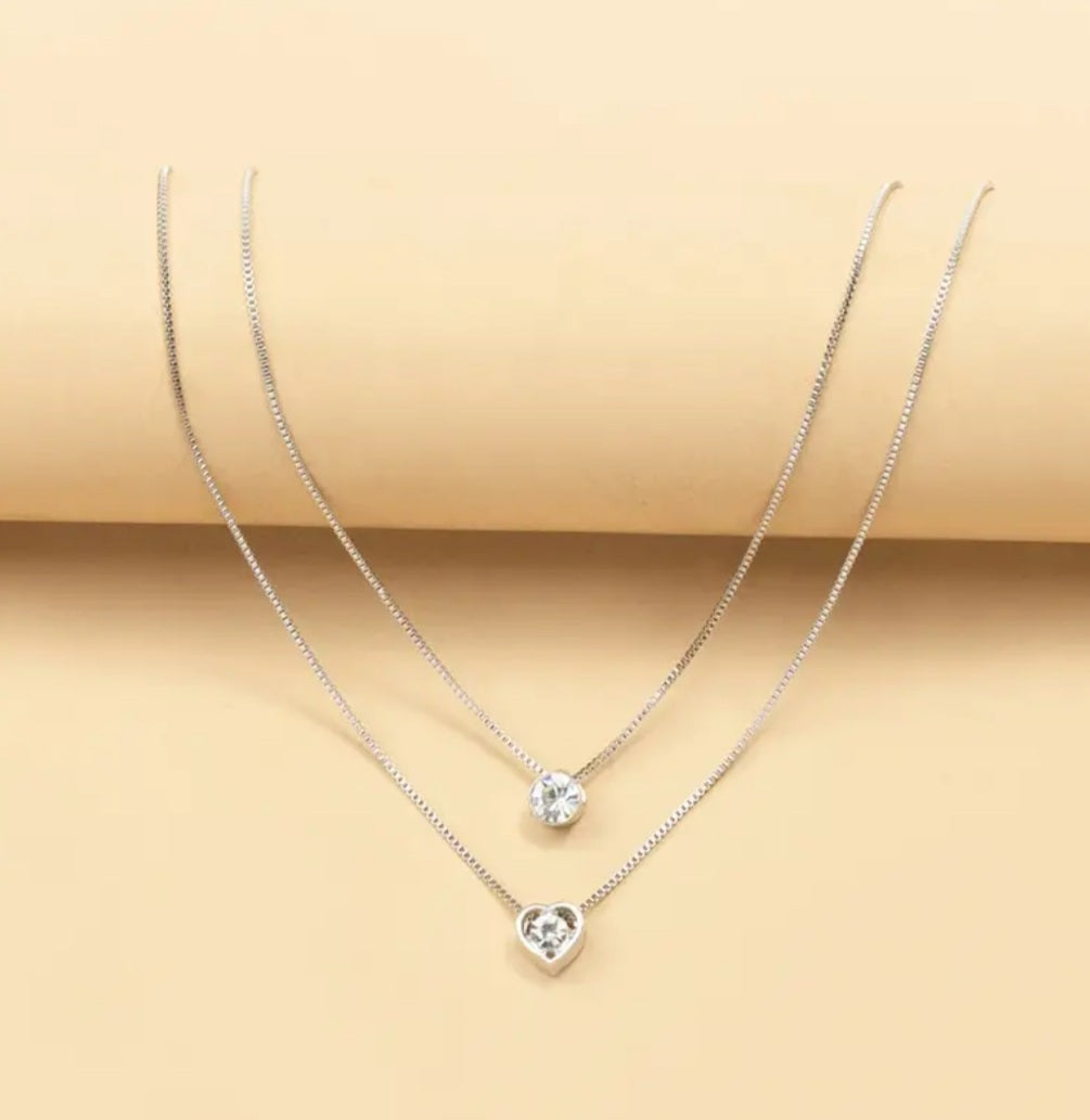 Collier Nina double strass et coeur argenté