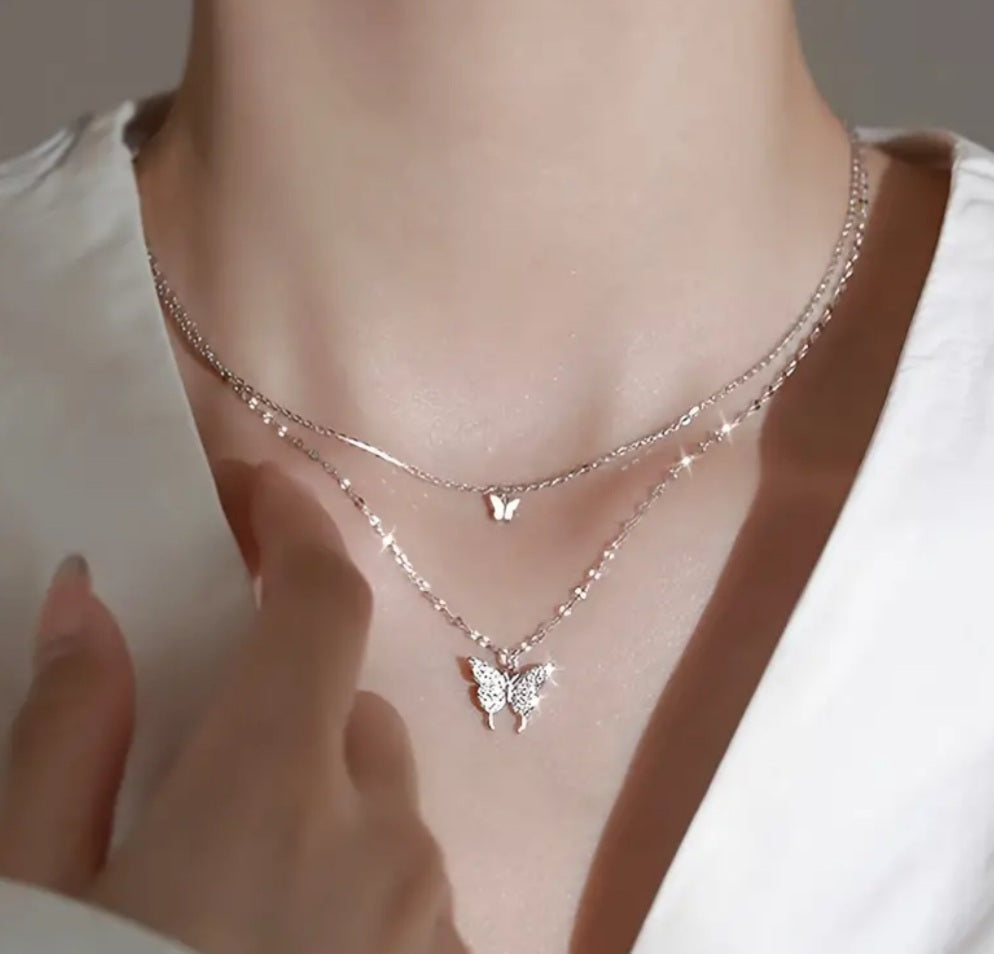 Collier Inaya double papillons argenté