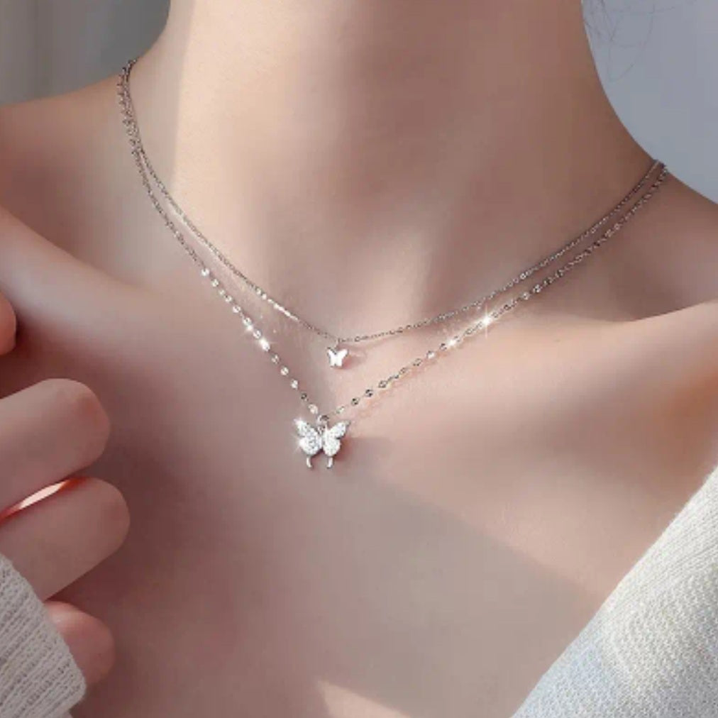 Collier Inaya double papillons argenté