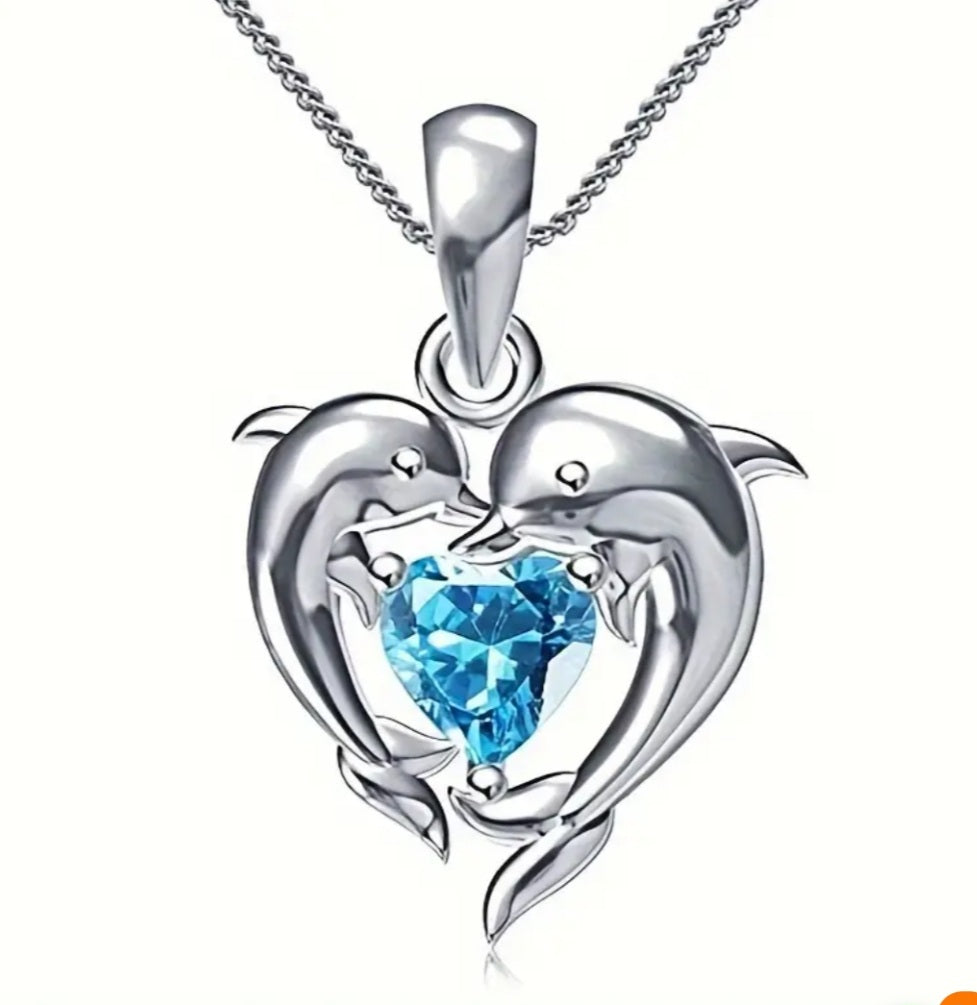 Collier Dauphins coeur bleu