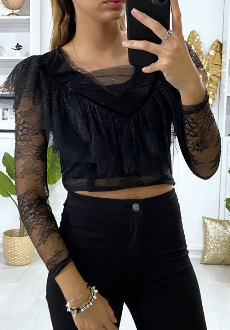 💐Croc top noir dentelle avec volant