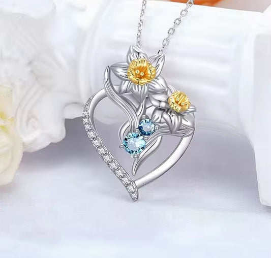 Collier coeur Narcisse jaune strass bleu