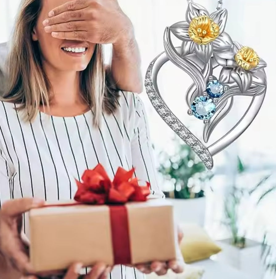 Collier coeur Narcisse jaune strass bleu