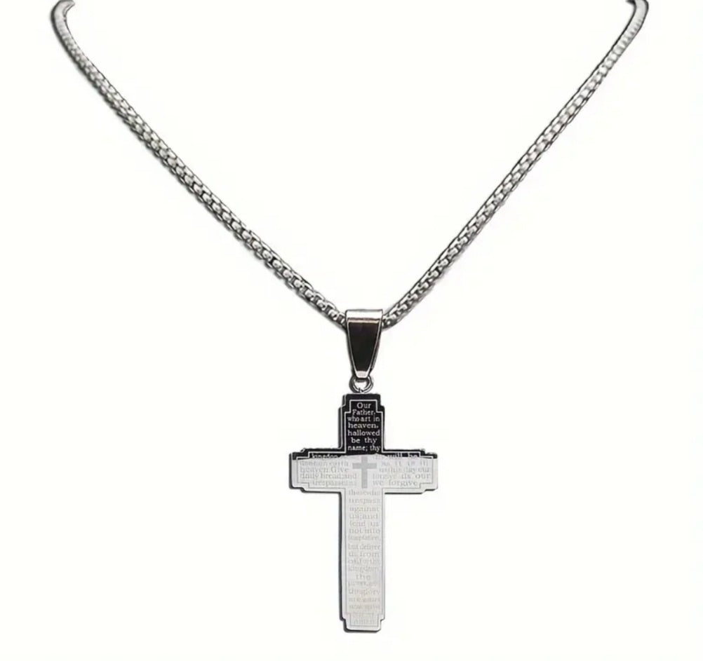 Collier croix de prière argenté