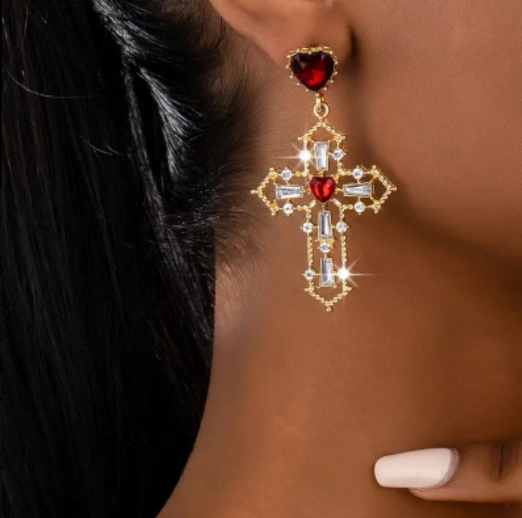 boucles croix doré perle rouge