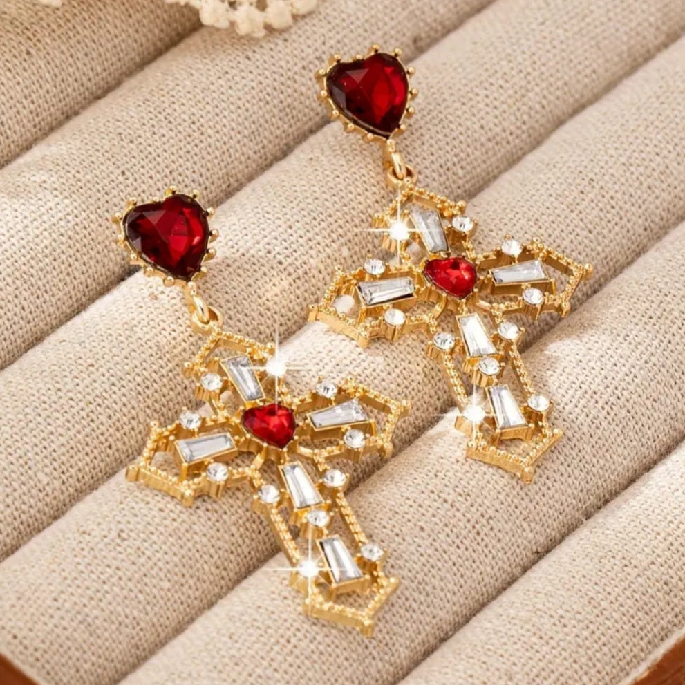 boucles croix doré perle rouge
