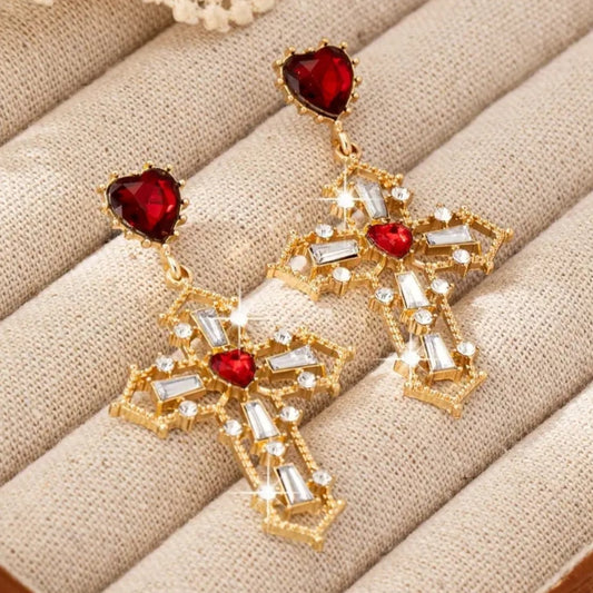 boucles croix doré perle rouge