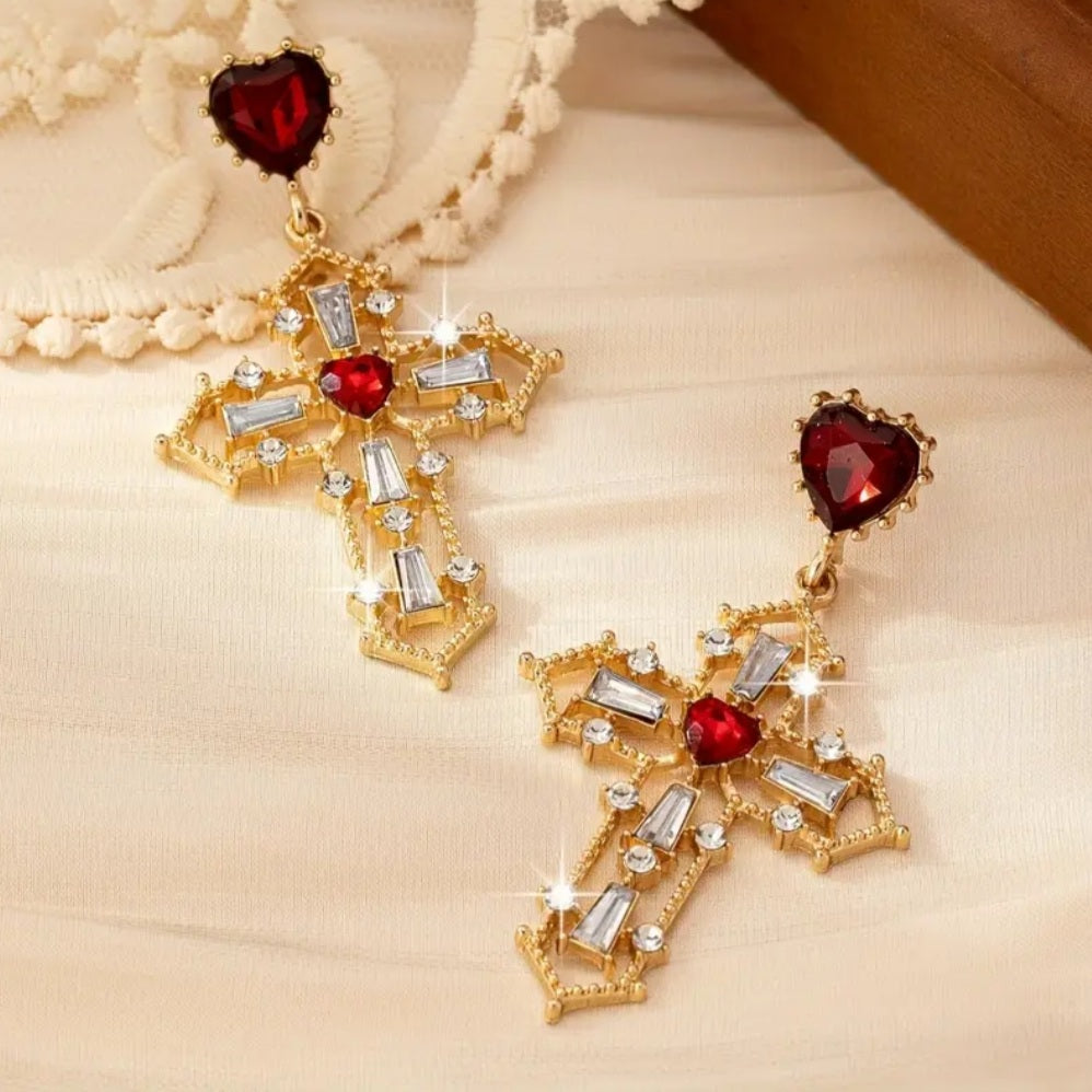 boucles croix doré perle rouge