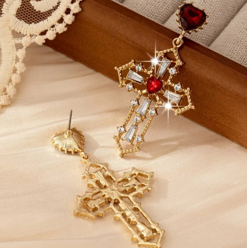 boucles croix doré perle rouge