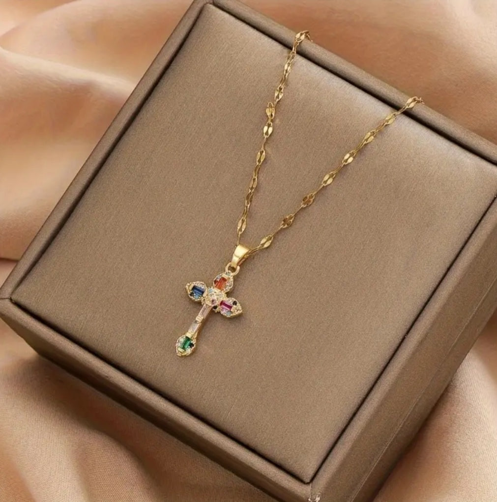 Collier croix coloré doré