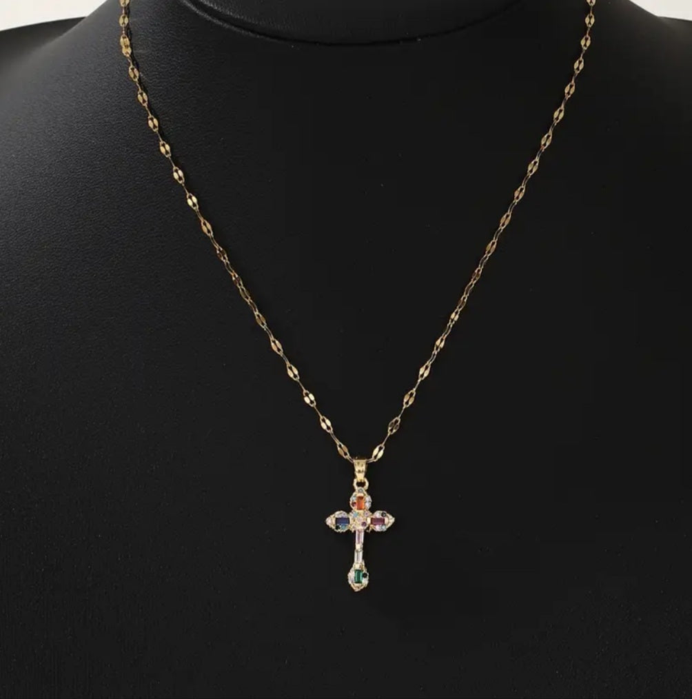 Collier croix coloré doré