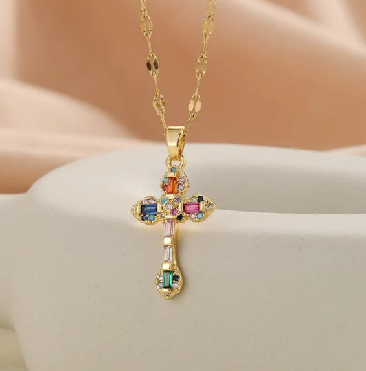 Collier croix coloré doré