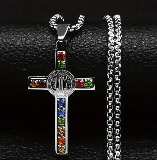 Collier Croix argenté Coloré