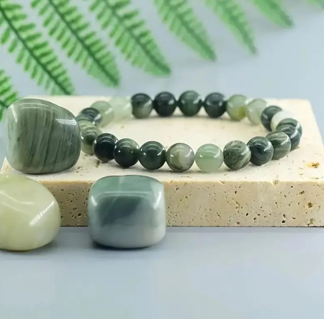 bracelet perles de serpentine verte naturelle