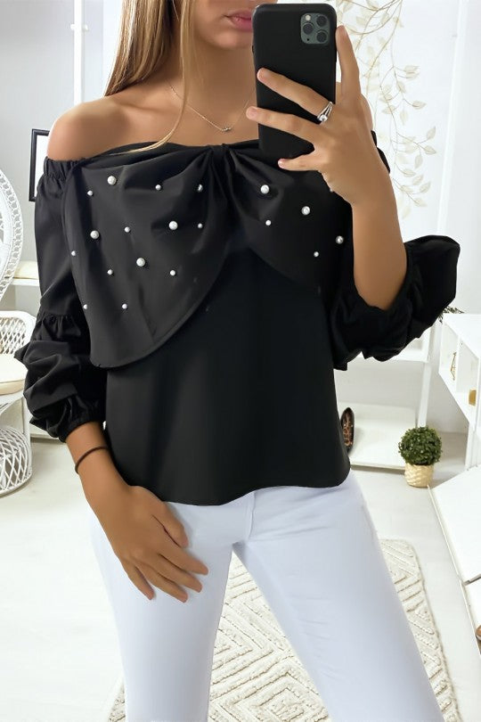🌺Blouse noir avec noeux perlé