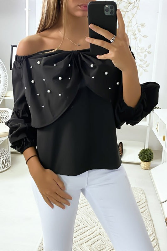 🌺Blouse noir avec noeux perlé