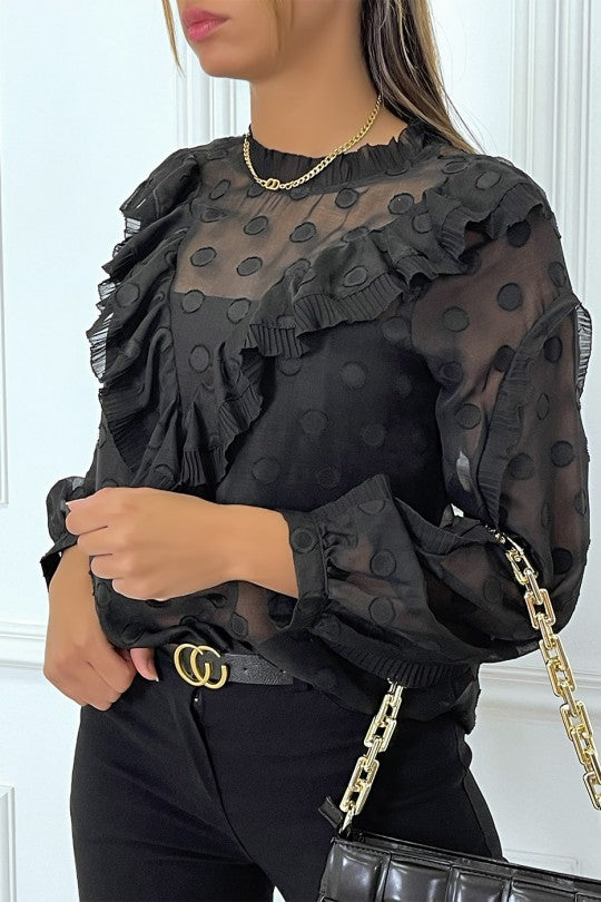 ⚘Blouse noire à volant et pois
