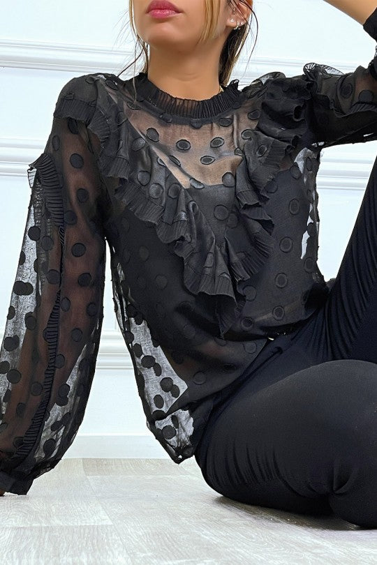 ⚘Blouse noire à volant et pois