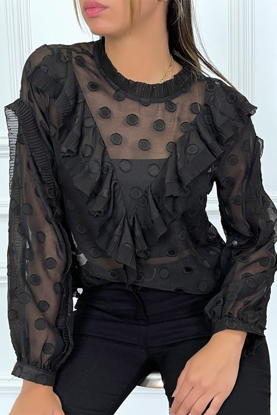 ⚘Blouse noire à volant et pois