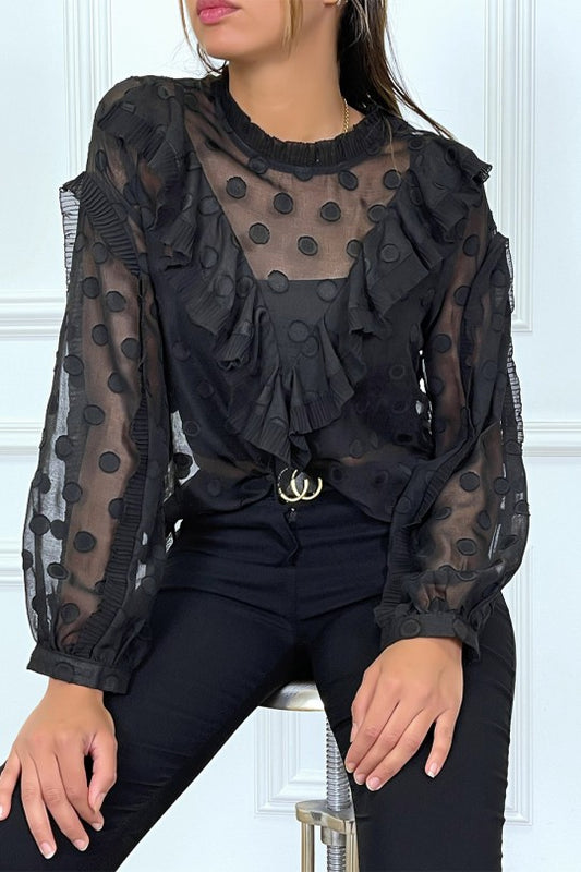 ⚘Blouse noire à volant et pois