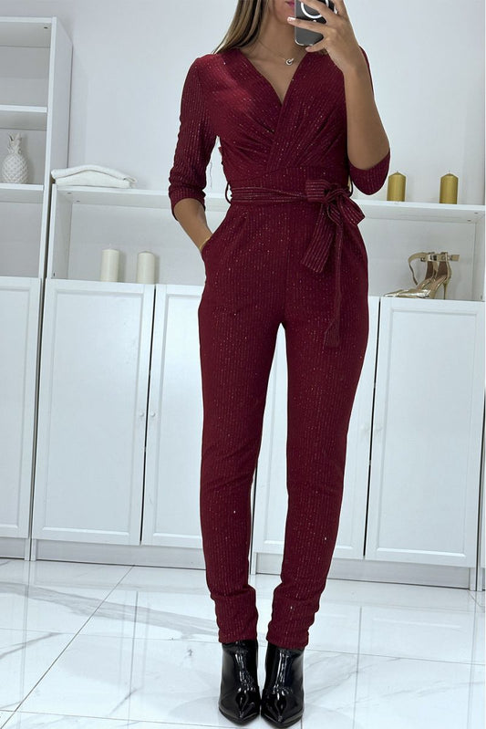 💐Combinaison bordeaux à rayure argenté