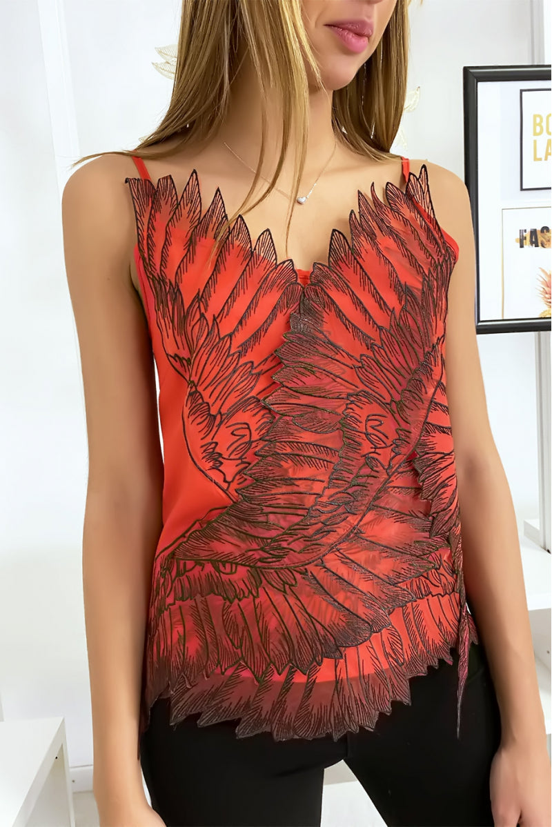 ⚘Débardeur rouge avec tulle brodé