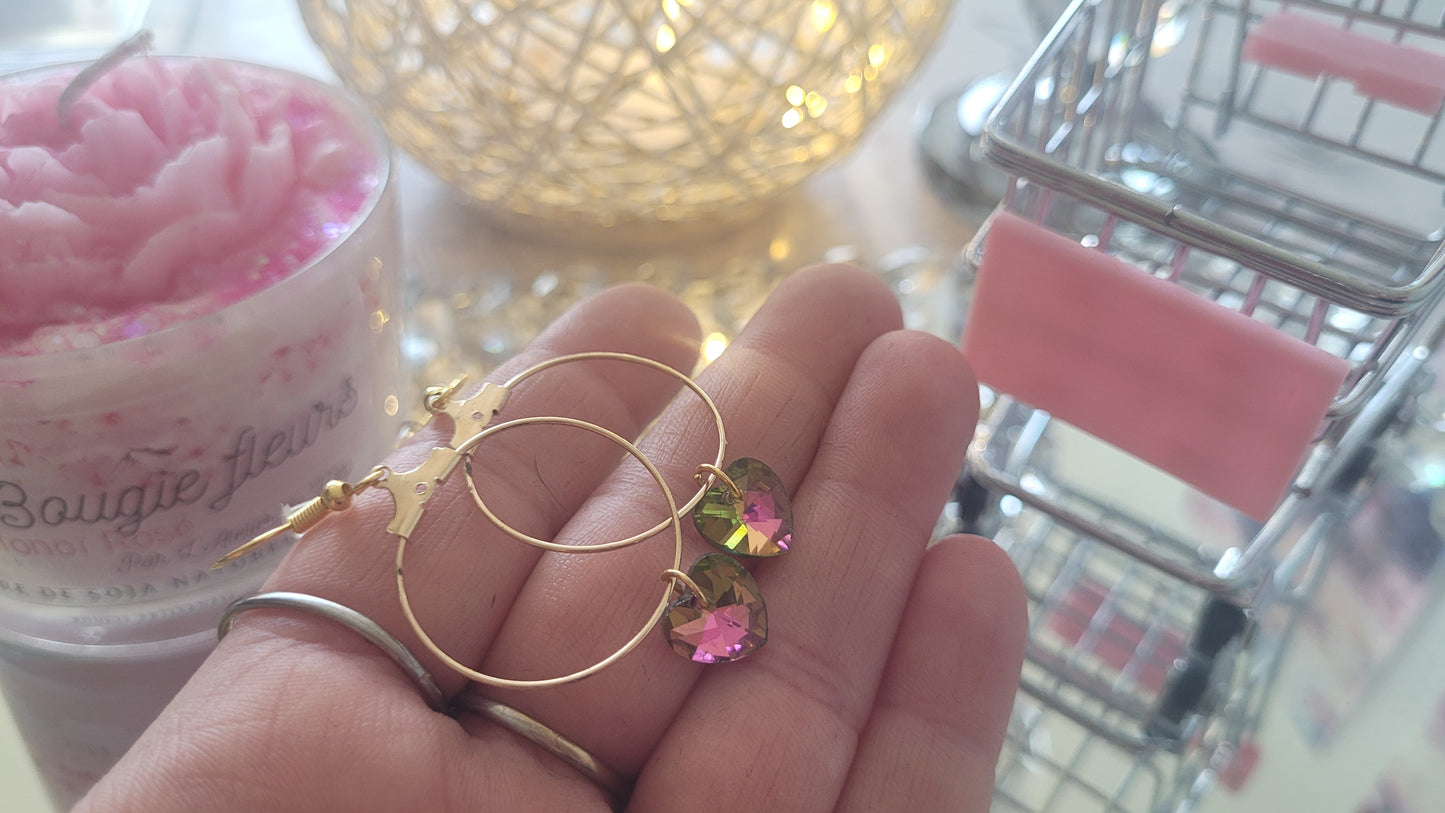 boucles créole coeur rose/vert