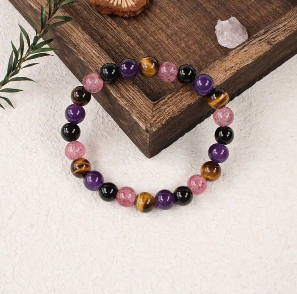 bracelet œil tigre Améthyste et Quartz fumé