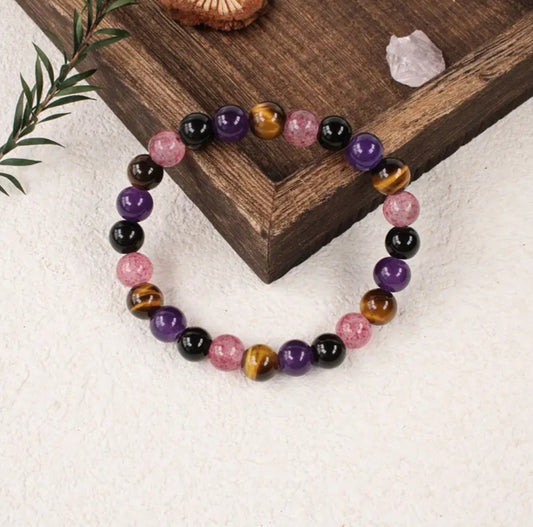 bracelet œil tigre Améthyste et Quartz fumé