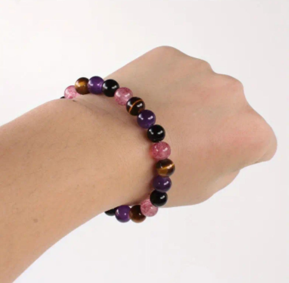 bracelet œil tigre Améthyste et Quartz fumé