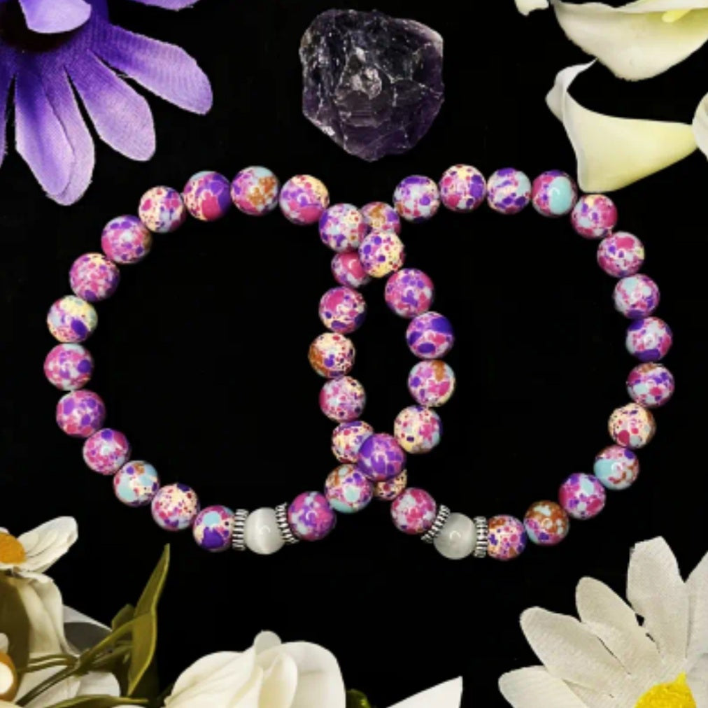 bracelet pierre sédimentaire, pierre lune rose/violet