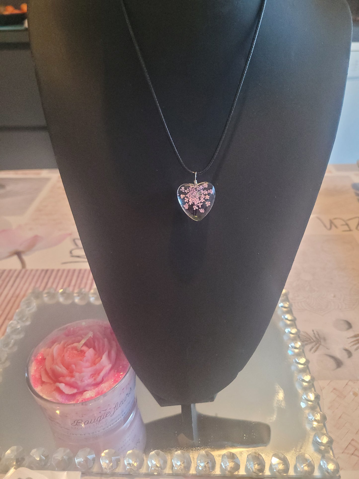 Collier coeur verre fleur rose🌺