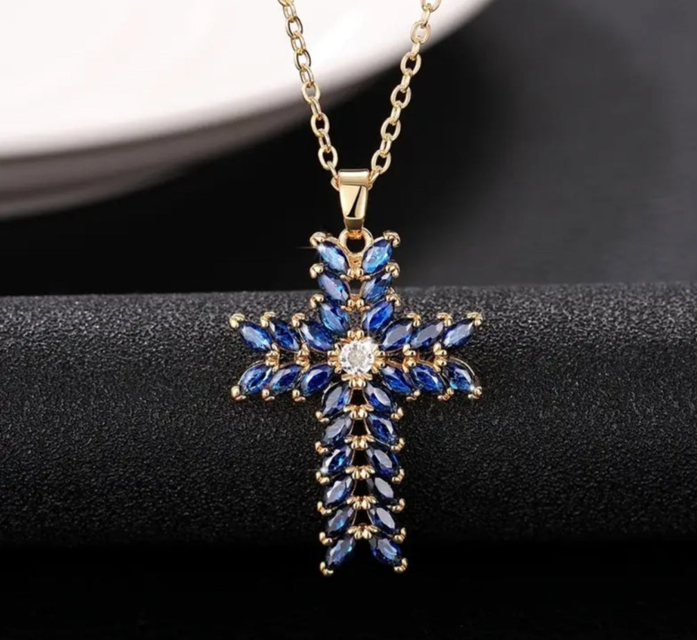 Collier croix doré/bleu