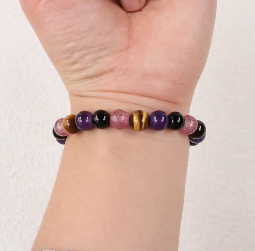 bracelet œil tigre Améthyste et Quartz fumé