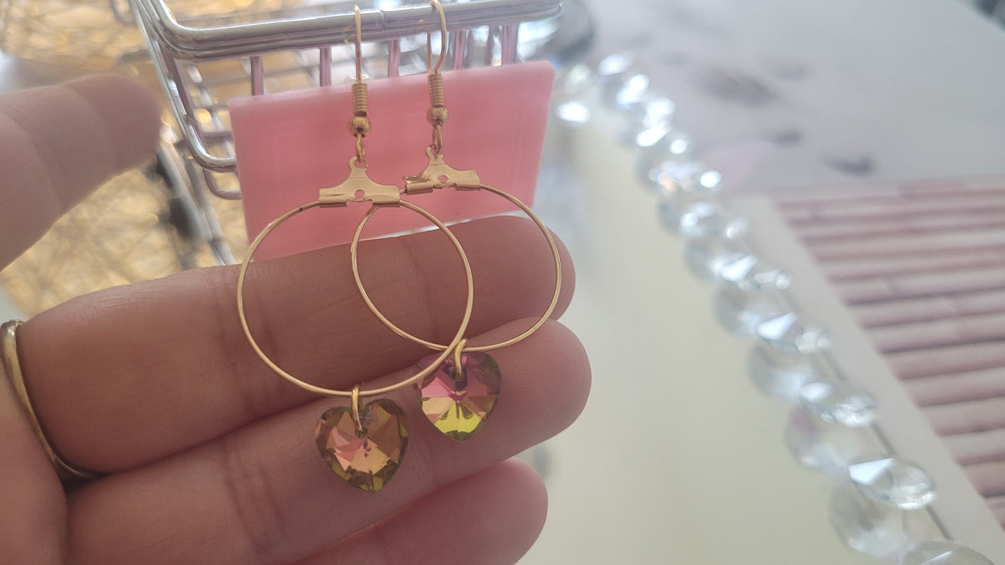 boucles créole coeur vert/rosé