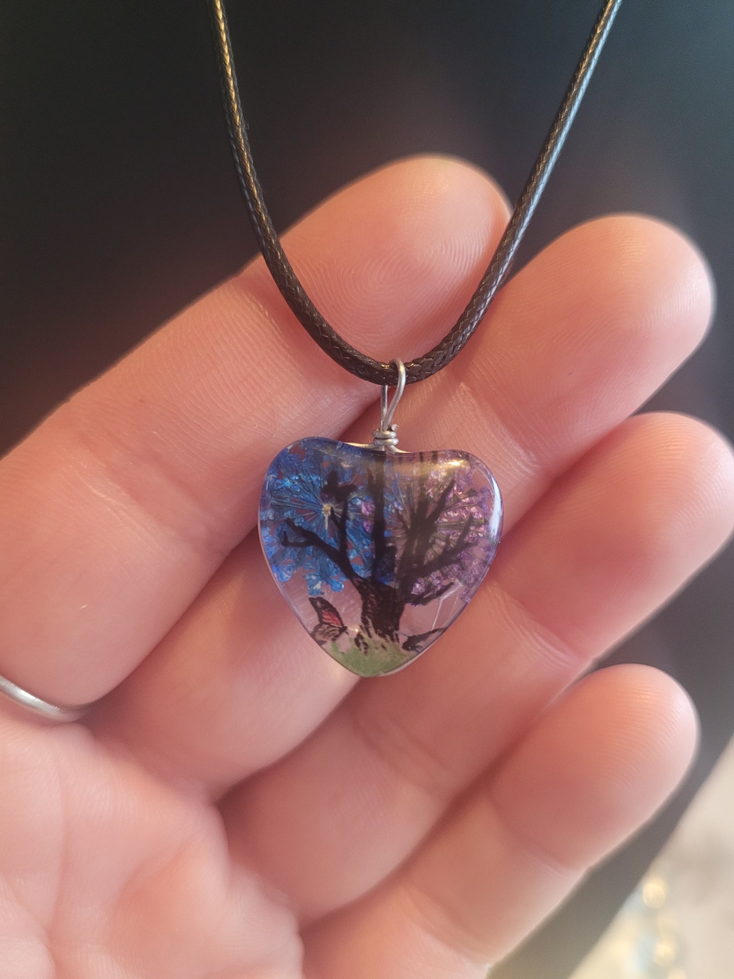 Collier coeur verre fleur bleu/violet