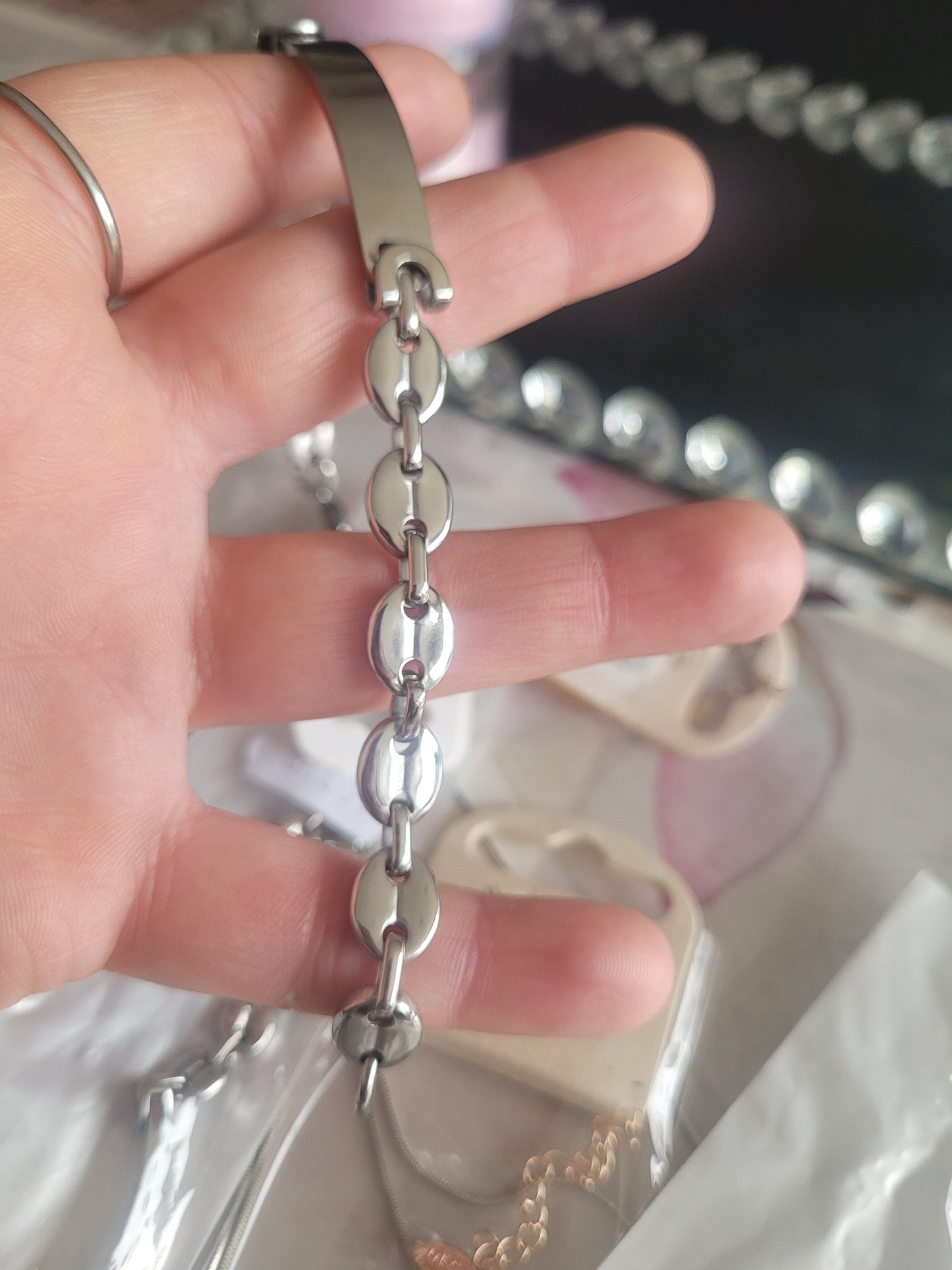 Gourmette grain de café argenté en acier inoxydable