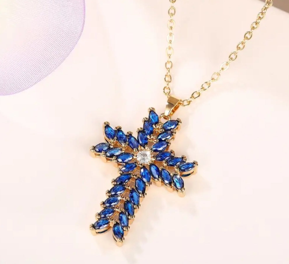 Collier croix doré/bleu