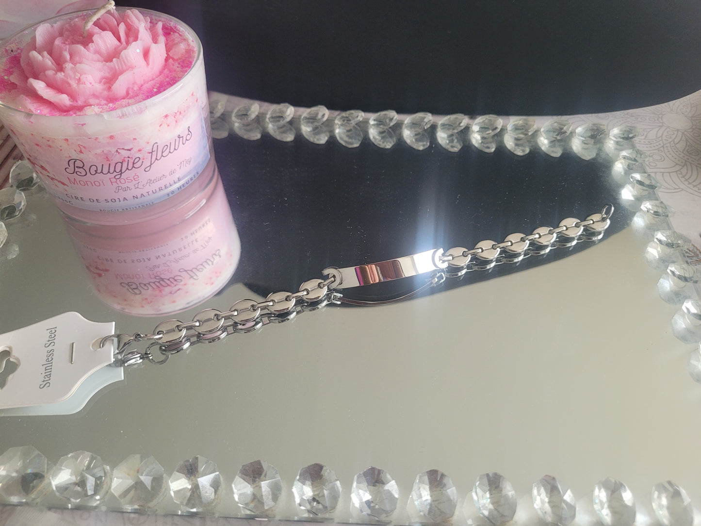 Gourmette grain de café argenté en acier inoxydable