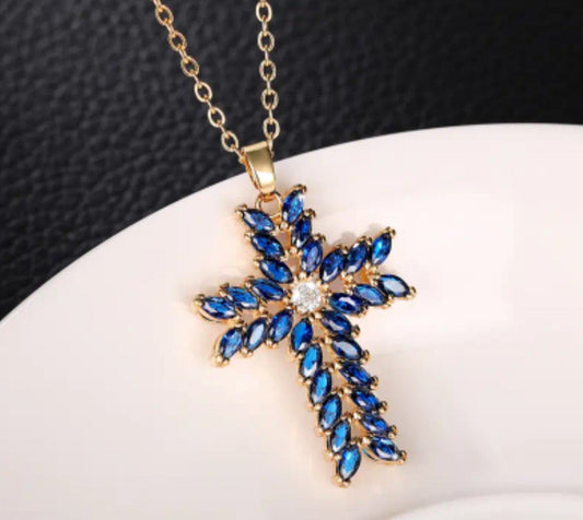Collier croix doré/bleu