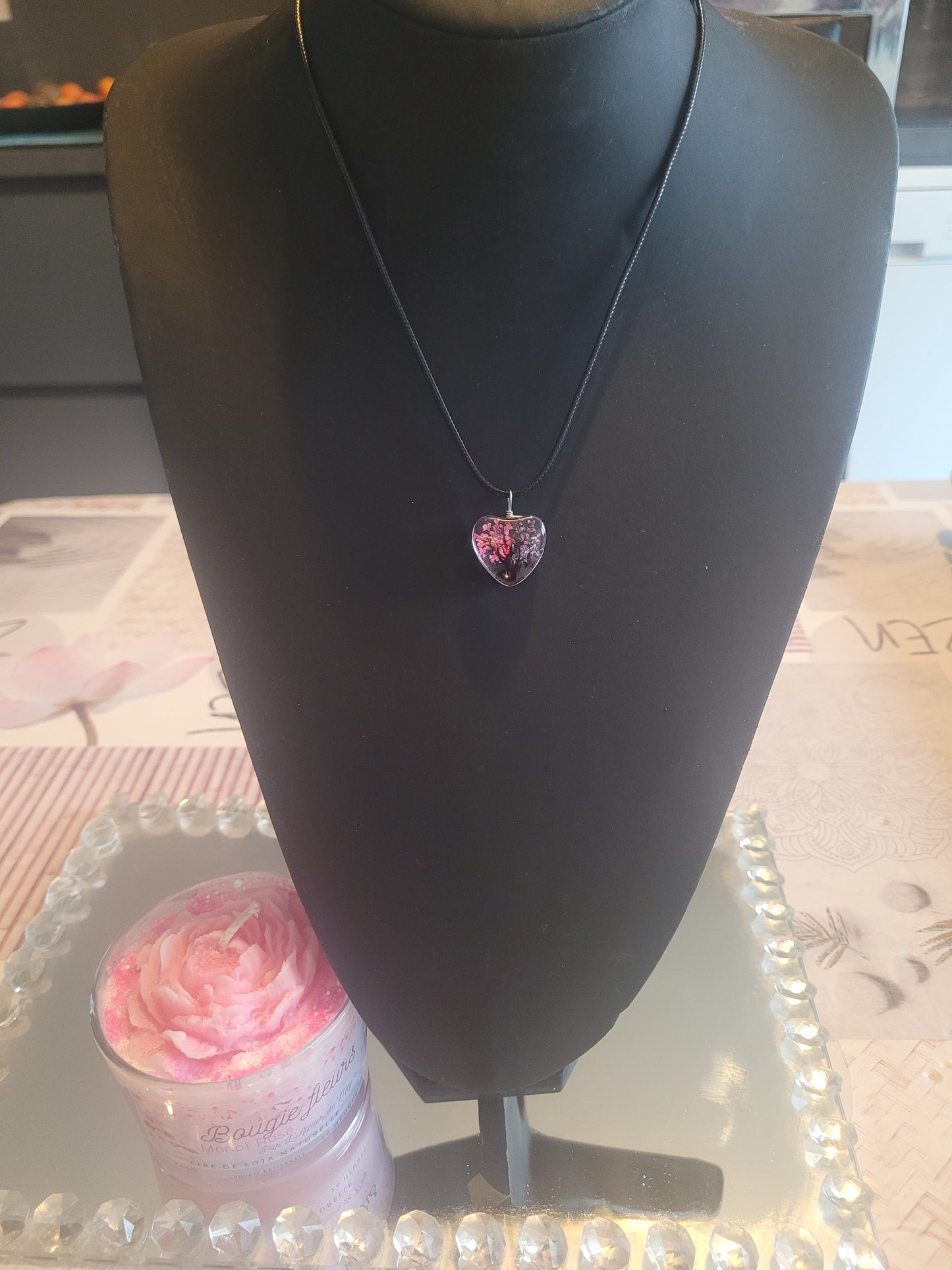 Collier coeur verre fleur rose/violet
